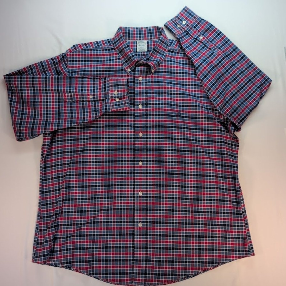 Brooks Brothers Regent Fit Non-Iron Plaid Long Sleeve Shirt Mens Red Blue XXL